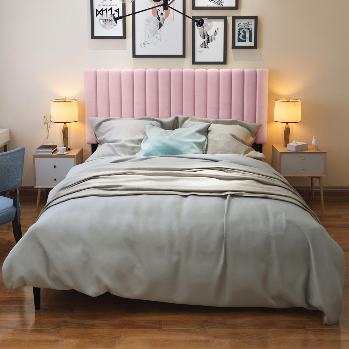 OLALITA Queen Size Bed Frame with Velvet Upholstered Headboard, Sturdy Platform Bed Frame Queen Size, No Box Spring Needed, Easy Assembly (Pink, Queen) OLALITA