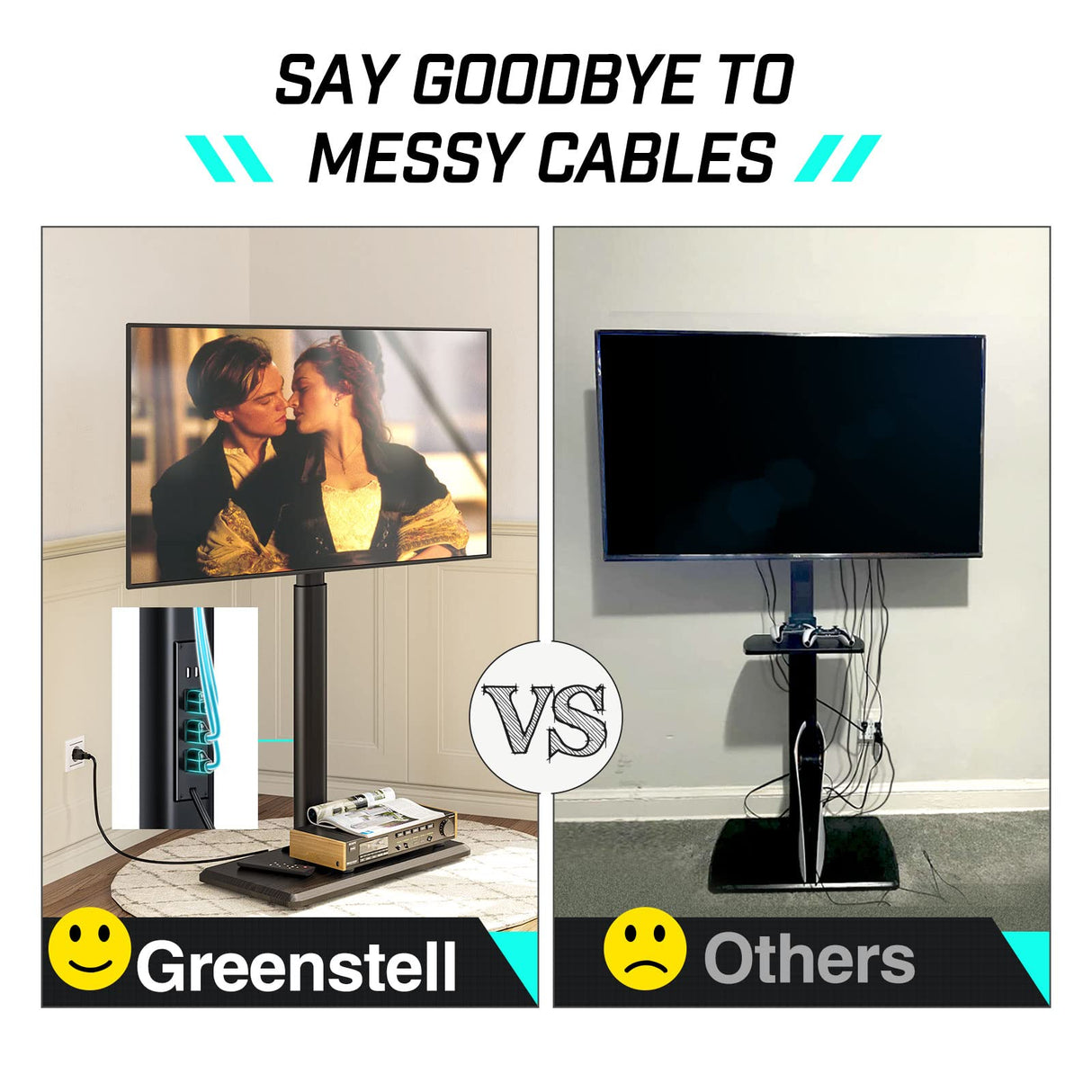 Greenstell TV Stand with Power Outlet, Universal Floor TV Stand for 32-75 inch TVs, Height Adjustable, Swivel Tall TV Stand with Wood Base, Holds up to 110 LBs, Max VESA 600x400mm GREENSTELL