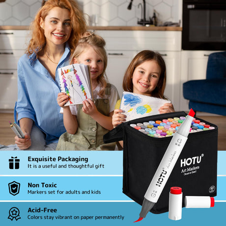 HOTU Alcohol Markers Brush Tip -60 Virant Colors Daul Tips Art Markers Set, for Artist Adults Coloring Illustrations, with Seamless Blending, Colorless Blender, Anti-Bleeding Pad, &Premium Ink HOTU