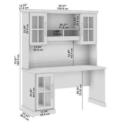 Bush Furniture Westbrook 60W Computer Desk with Hutch in White Ash | Farmhouse Desk for Home Office Workspace - WoodArtSupply