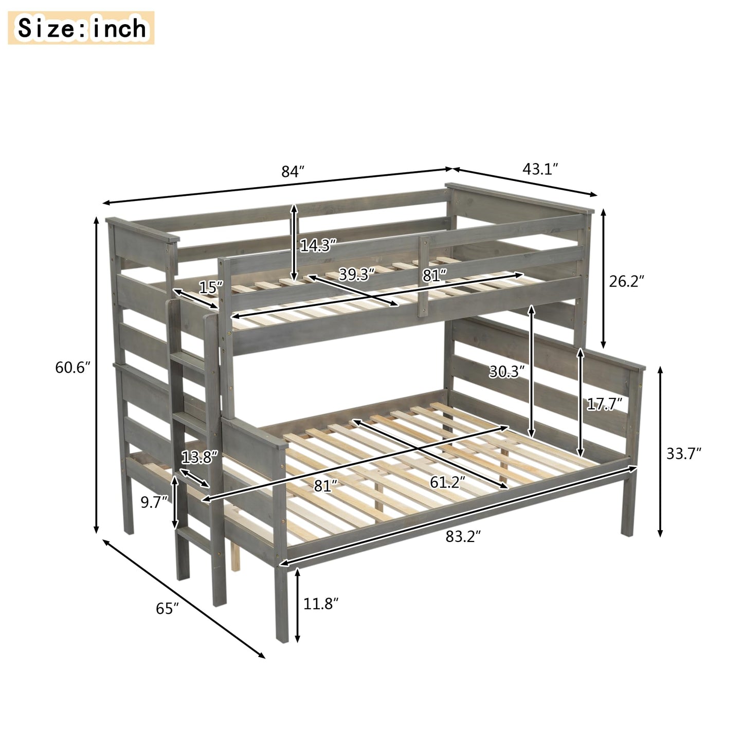 Harper & Bright Designs Twin XL Over Queen Bunk Bed with Ladder in Grey - Stylish and Sturdy Wood Frame - WoodArtSupply