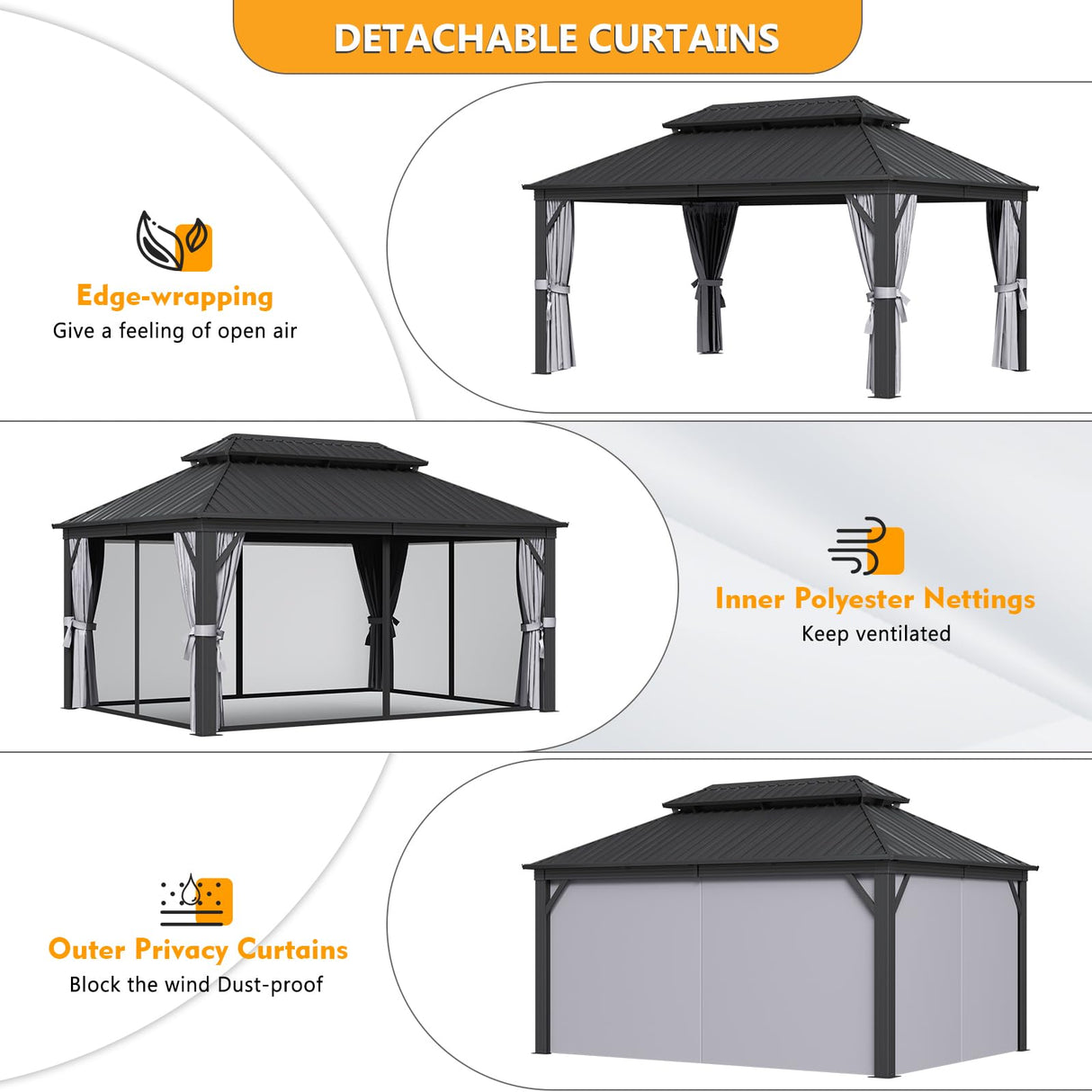 Jolydale Hardtop Gazebo 12 X 16ft with Mosquito Netting and Curtains, Outdoor Gazebos with Double Roof, Galvanized Steel Permanent Aluminum Gazebo, for Gardens, Decks, Patios, Parties Jolydale