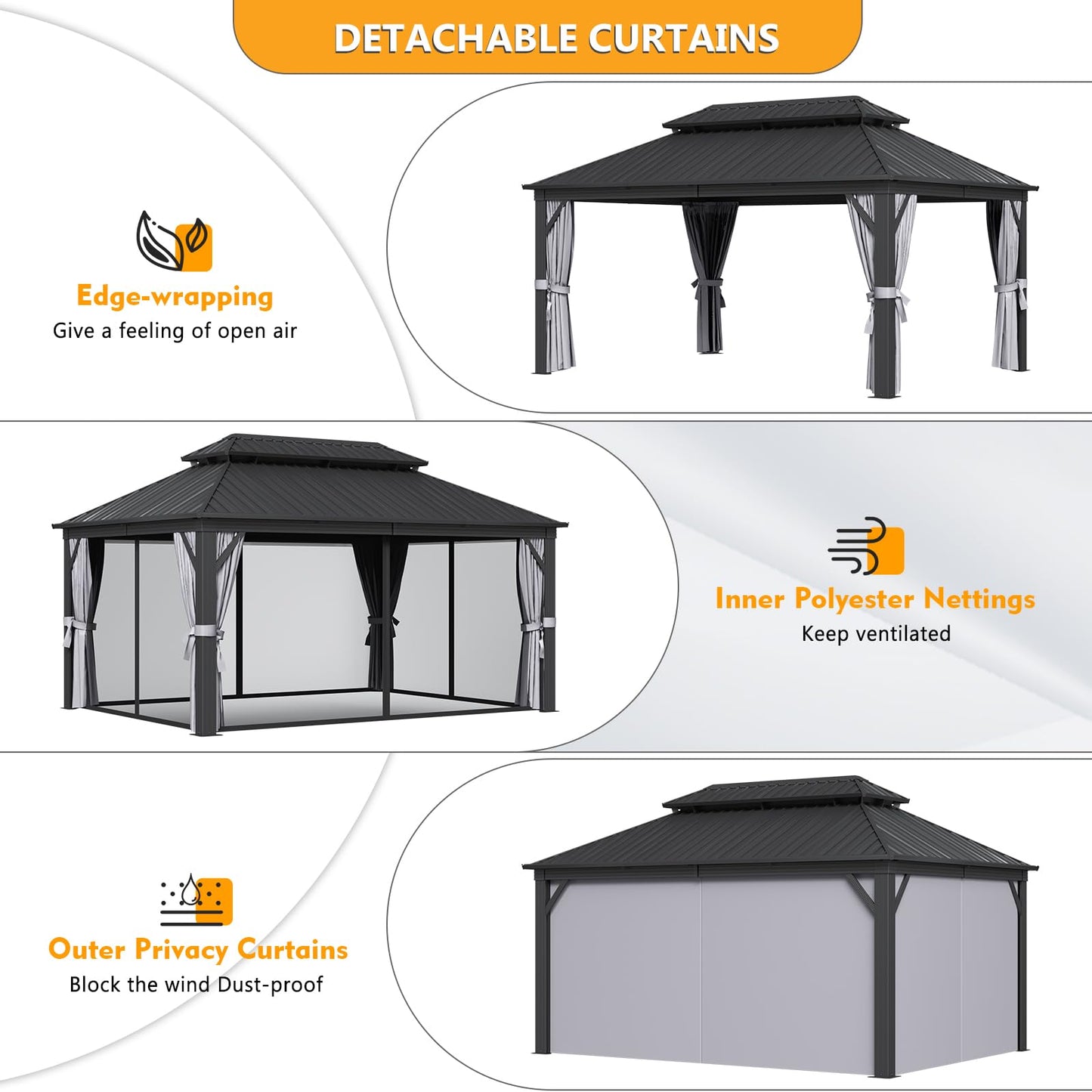 Jolydale Hardtop Gazebo 12 X 16ft with Mosquito Netting and Curtains, Outdoor Gazebos with Double Roof, Galvanized Steel Permanent Aluminum Gazebo, for Gardens, Decks, Patios, Parties - WoodArtSupply