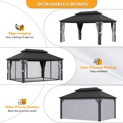 Jolydale Hardtop Gazebo 12 X 16ft with Mosquito Netting and Curtains, Outdoor Gazebos with Double Roof, Galvanized Steel Permanent Aluminum Gazebo, for Gardens, Decks, Patios, Parties - WoodArtSupply