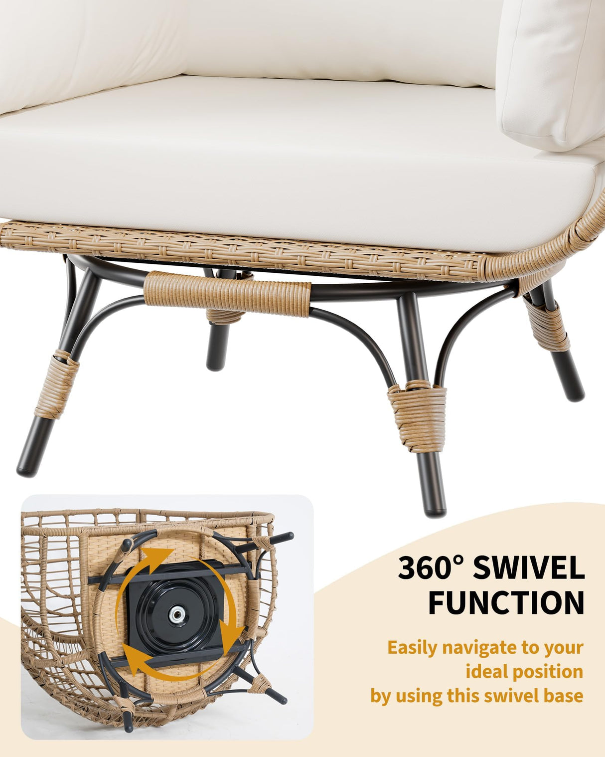Tioutbot 360° Swivel Egg Chair, Oversized Patio Rotating Basket Chair, Steel Frame and Metal Base, Waterproof, PE Rattan Lounge Chair for Indoor & Outdoor, Porch, Living Room, Backyard, Beige Tioutbot