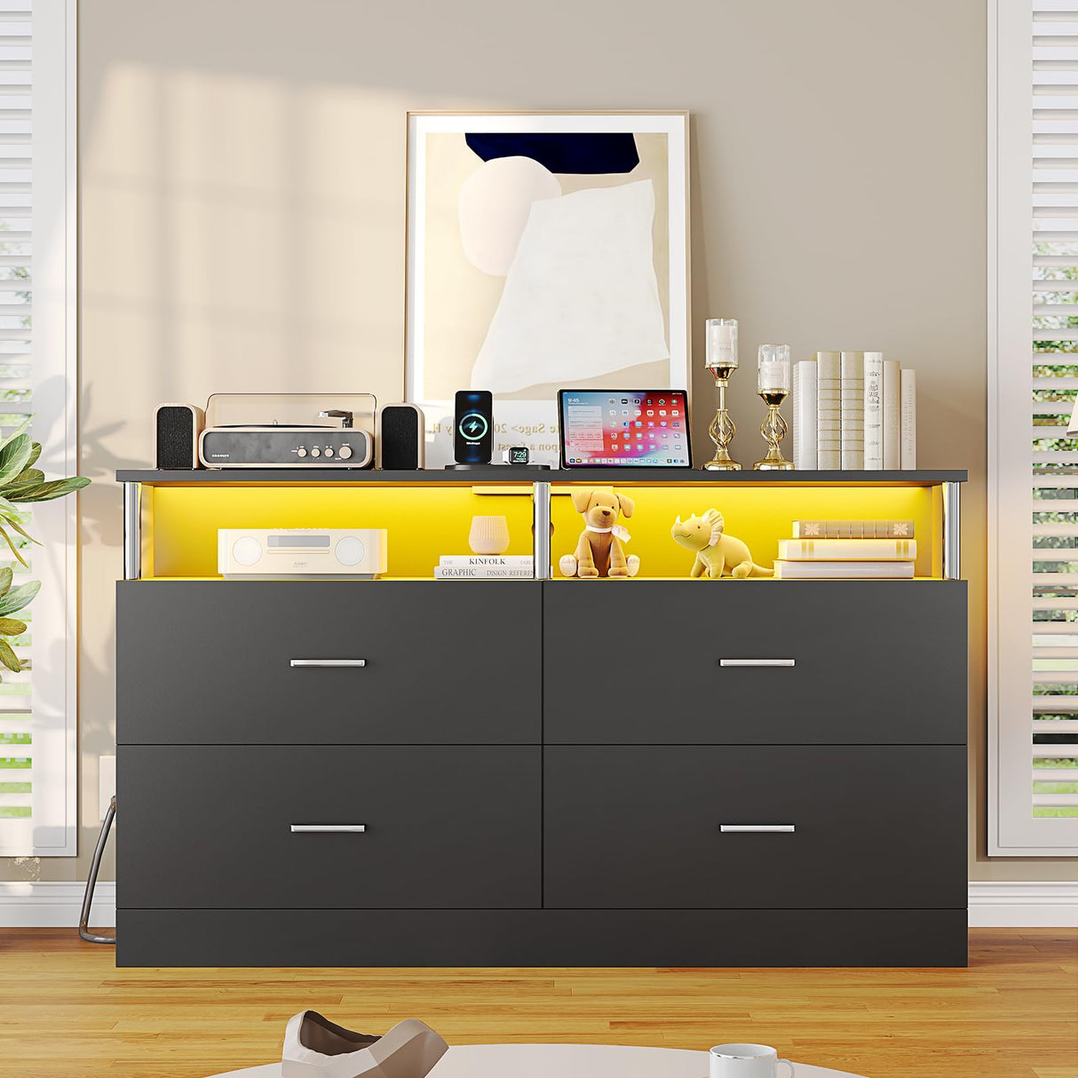 AOGLLATI Black Dresser for Bedroom with Charging Station, Bedroom Dressers with 4 Drawer, Dressers & Chests of Drawers with Column Design,Modern Led Wide Dresser for Living Room, Black AOGLLATI