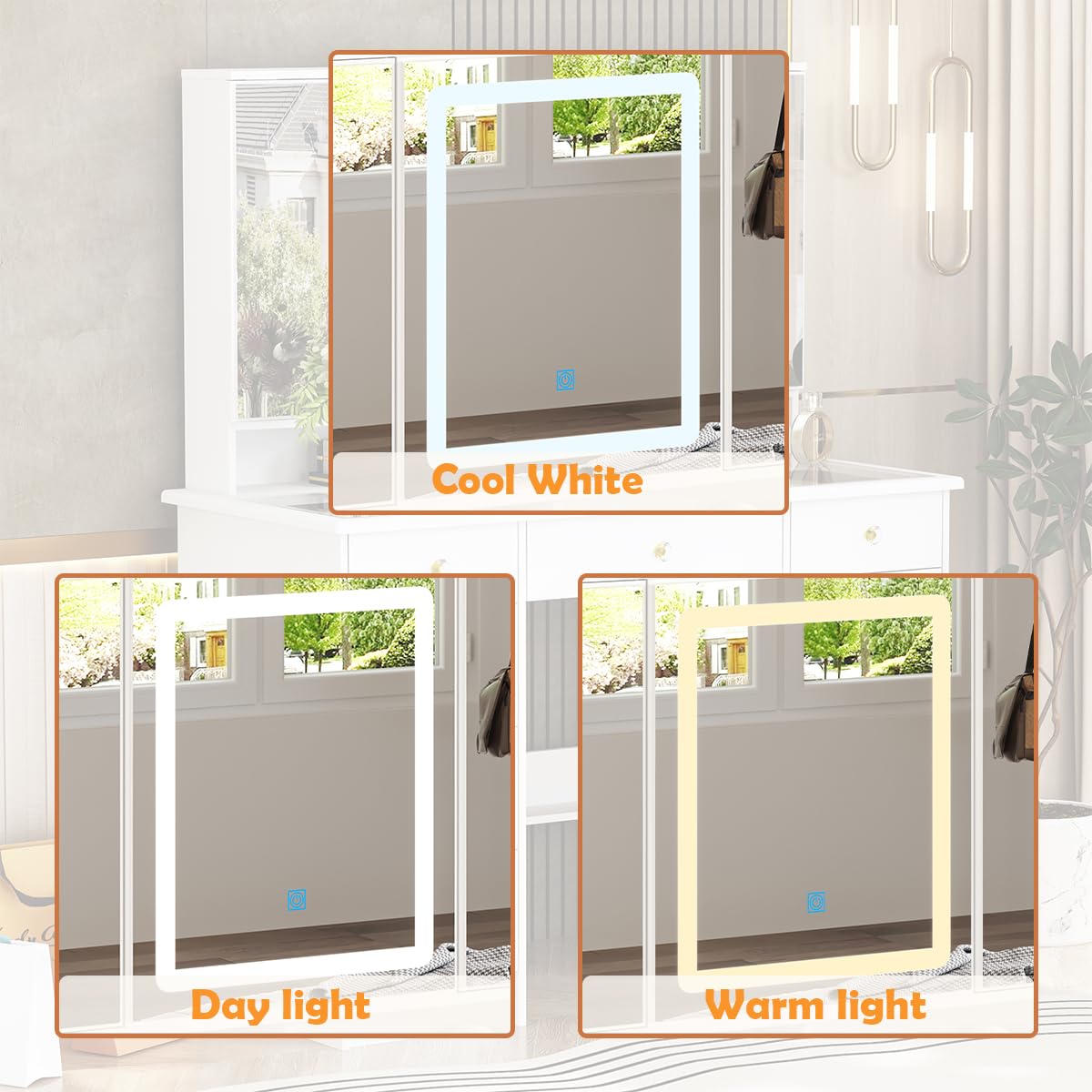 Homsee Makeup Vanity Desk with 3 Mirrors, Glass Top, Lights & Hidden Storage, Modern Dressing Table Vanity Table with Drawers, Lighting Modes & Brightness Adjustable, White Homsee