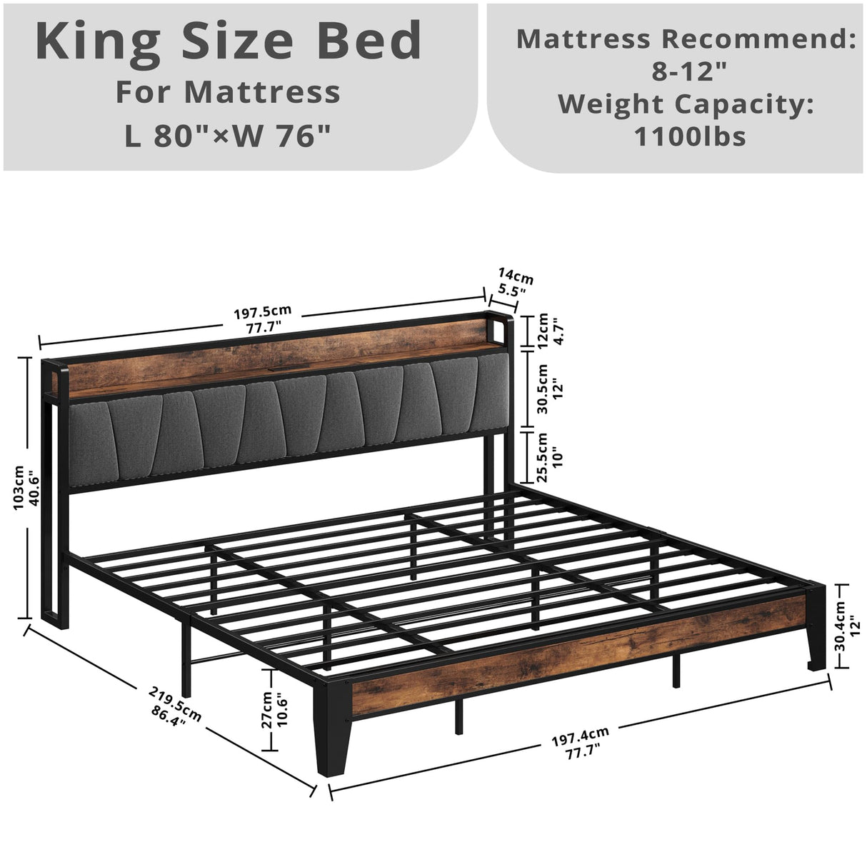 LIKIMIO King Size Bed Frame with Storage Headboard and Charging Station, Solid Construction, Easy Assembly LIKIMIO