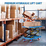 Hydraulic Lift Table Cart, Double Scissor Lift, 330 Lbs Capacity, 50" Height with Non-Slip Pad, 4 Safety Bumper PU Wheels, Ideal for Home, Garage, Supermarket, Factory, Warehouse, Construction Sturdon