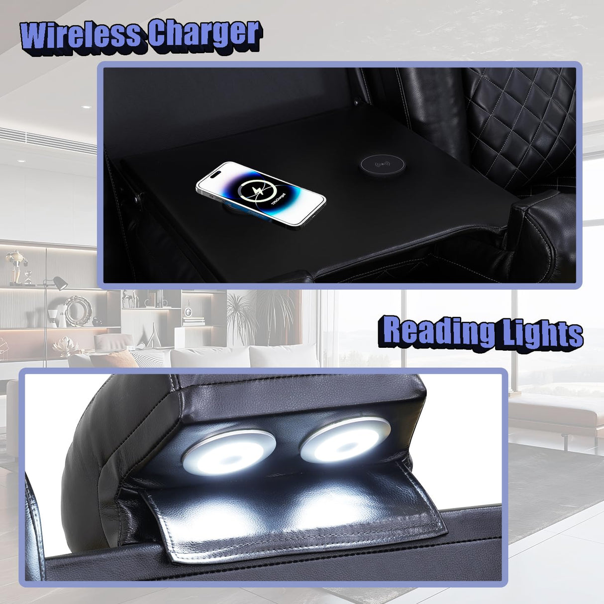 Dekmxas Living Room Furniture Set, Power Sectional Recliner Sofa Set with LED Light,Black Air Leather Power Reclining Sofa with 2 Recliner Seats/Cup Holders/USB Port/Storage Console for Living Room Dekmxas