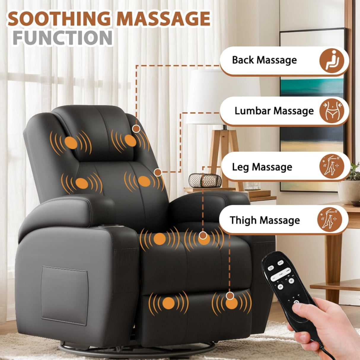 Flamaker Swivel Rocker Recliner Chair with Vibration Massage, 360° Swivel Recliner Chairs for Adults Ergonomic Lounge Chair with Cup Holders Lazy Boy Recliner Single Sofa Seat (Leather, Black) Flamaker