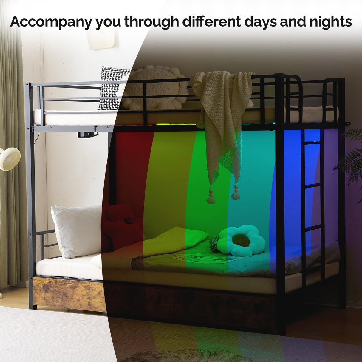 VINGLI Metal Bunk Bed Frame Twin Over Twin with 2 Drawers, LED Lights, Non-Slip Ladder, Full Length Guardrail, Charging Station, for Kids, Teens & Adults, Space-Saving, No Box Spring Needed, Black VINGLI