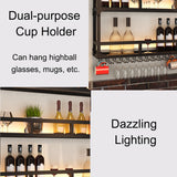 Wall Wine Rack Floating Bar Shelves Wall Mounted with LED Light Liquor Bottle Display Shelf with Hanging Wine Glass Rack Kitchen Wall Shelf Liquor Cabinet Bar Stand for Home Bar Cafe Restaurant(Black, WXZXWXZX