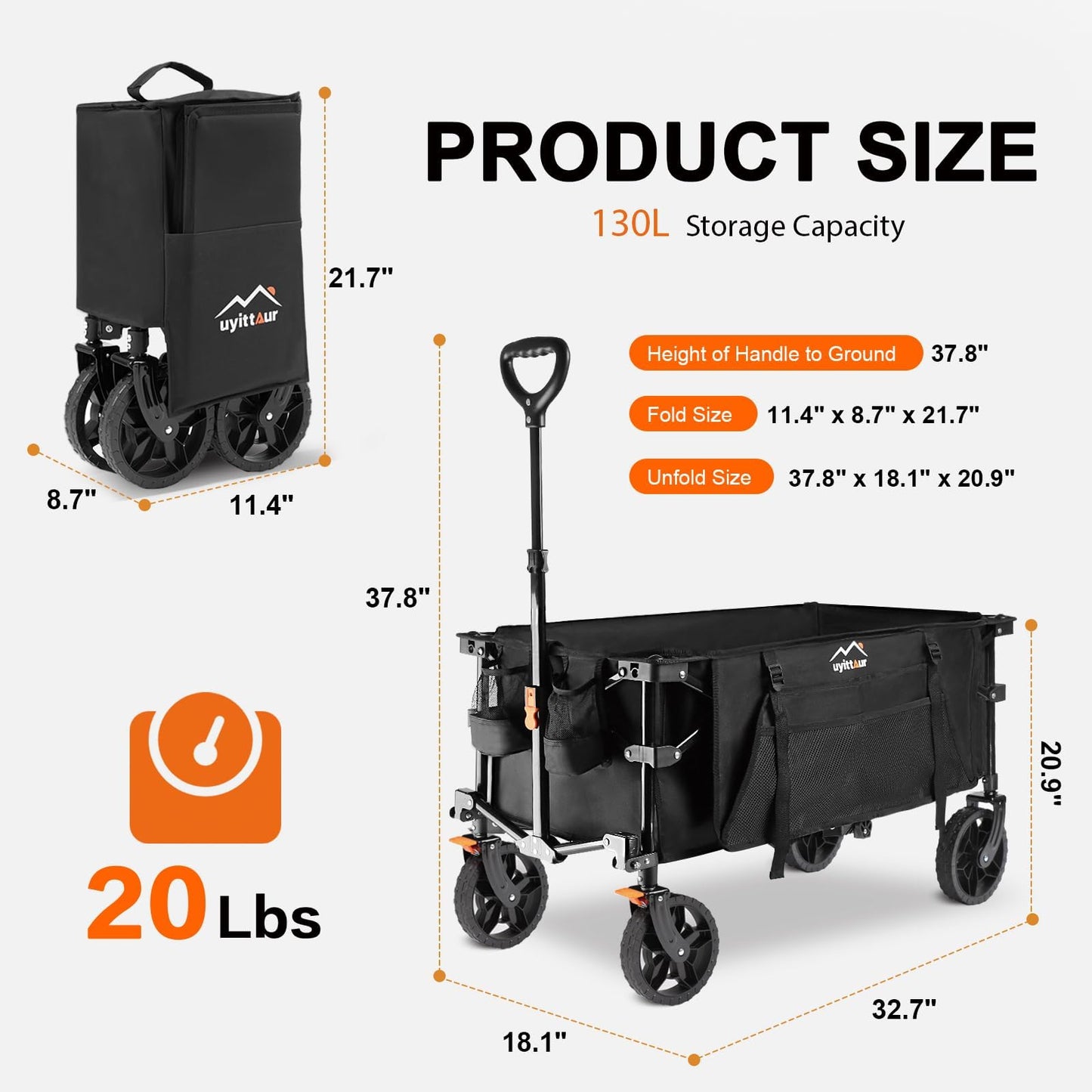 Uyittour Wagon Cart Heavy Duty Foldable, Collapsible Folding Wagon with Compact Folding Design, Utility Grocery Wagon with Side Pocket and Brakes for Shopping, Sports, Camping and Garden - WoodArtSupply