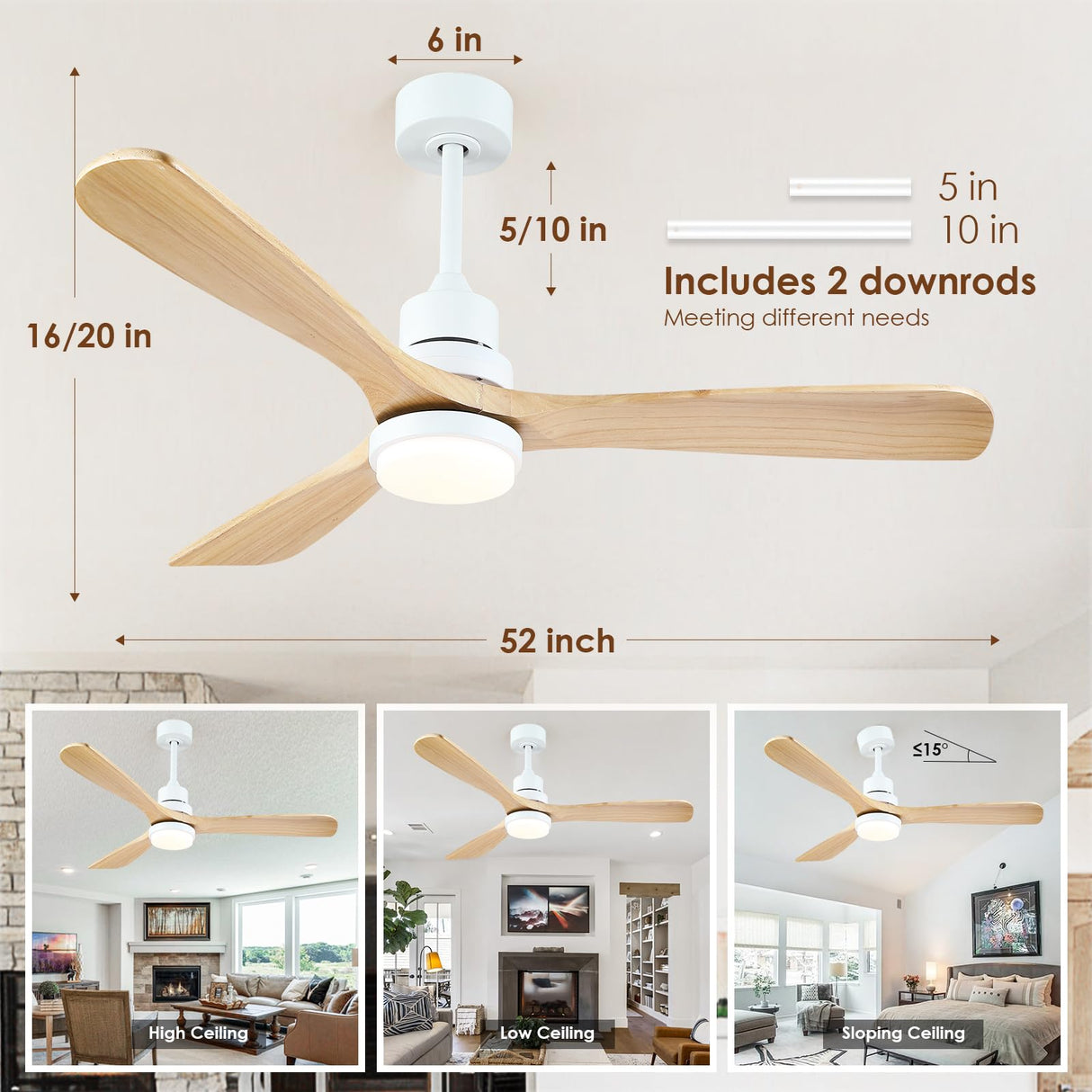 Mpayel 52" Wood Ceiling Fan - Farmhouse Ceiling Fan Light with 3 Solid Wood Reversible Blades, 6 Speeds, Indoor Outdoor Ceiling Fan for Patios, White Mpayel