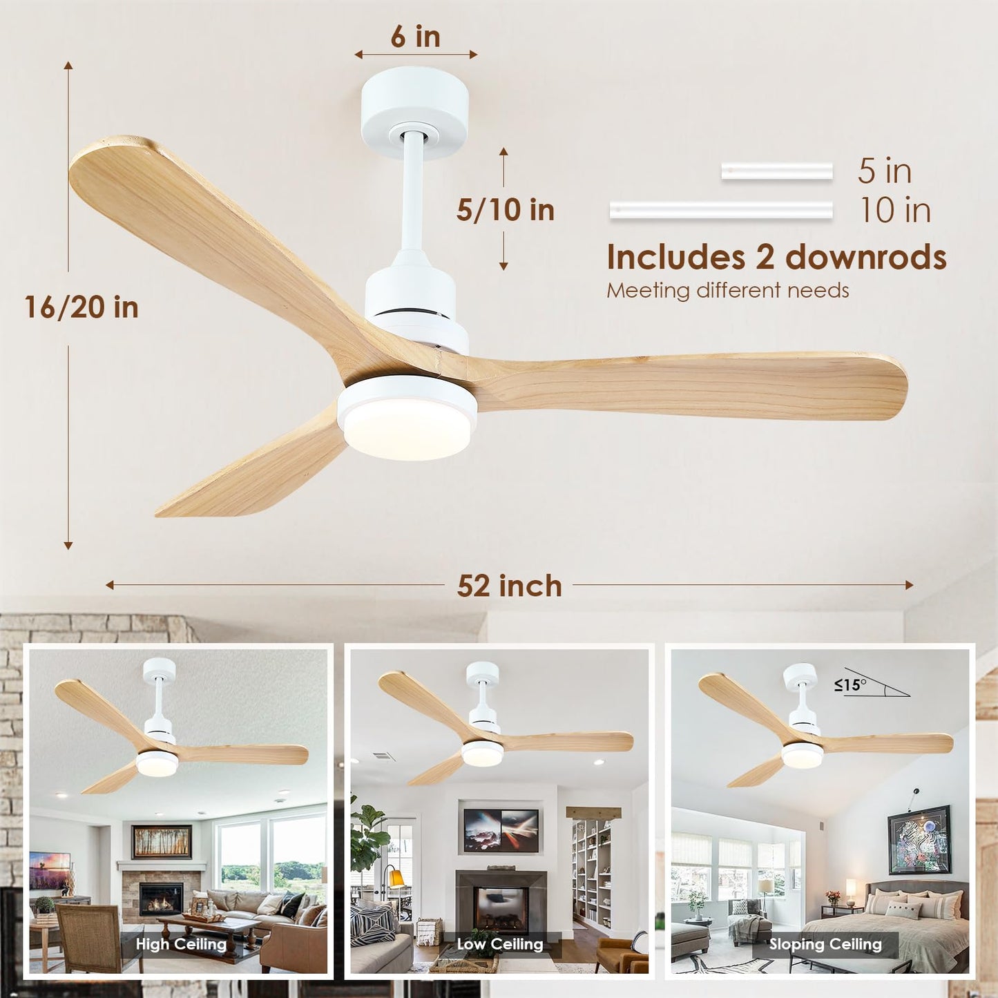 Mpayel 52" Wood Ceiling Fan - Farmhouse Ceiling Fan Light with 3 Solid Wood Reversible Blades, 6 Speeds, Indoor Outdoor Ceiling Fan for Patios, White