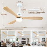 Mpayel 52" Wood Ceiling Fan - Farmhouse Ceiling Fan Light with 3 Solid Wood Reversible Blades, 6 Speeds, Indoor Outdoor Ceiling Fan for Patios, White Mpayel