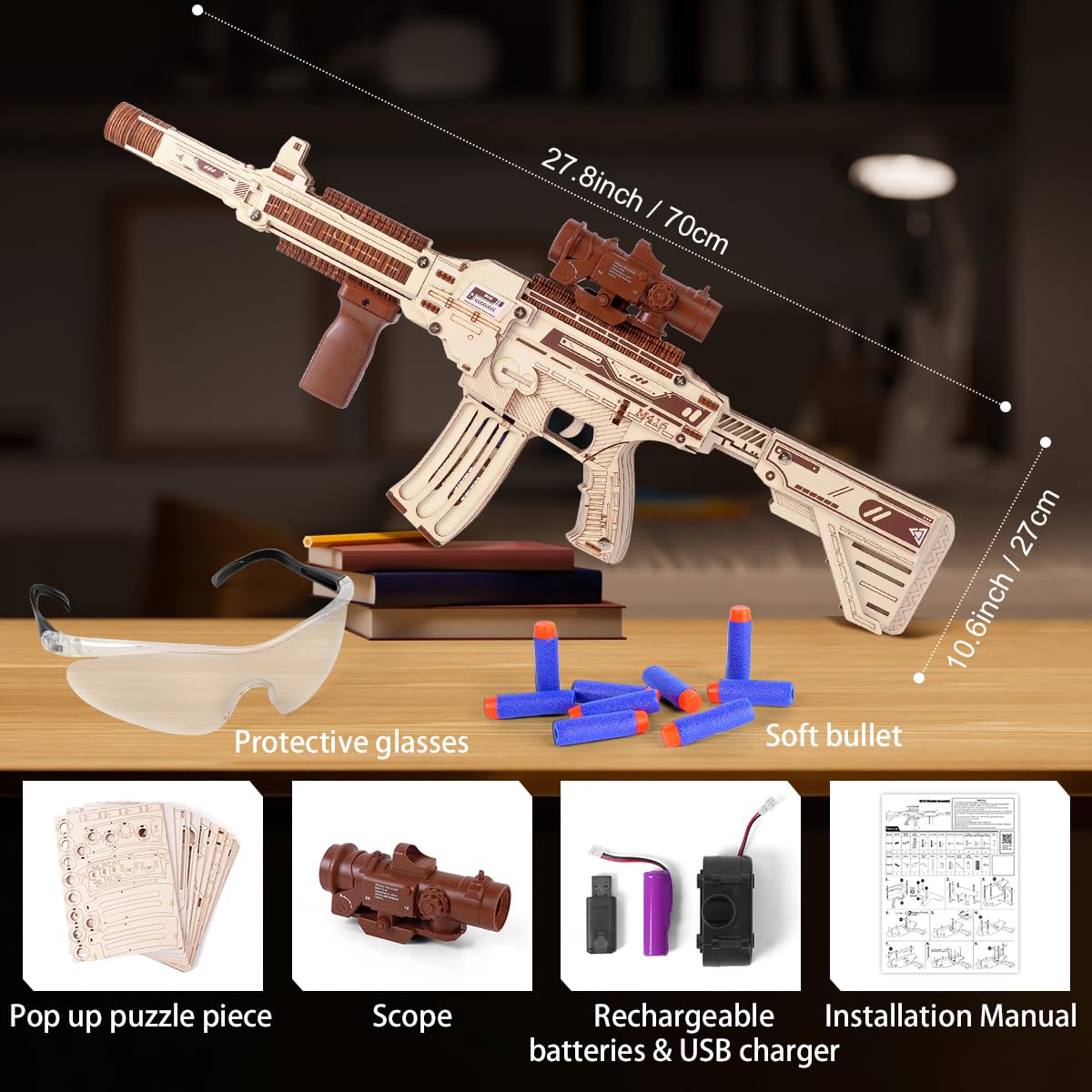 VATOS Wooden Gun Puzzles, 3D Wooden Puzzles Gun for Adult with Foam Soft Bullet, Electric Wooden M416 Model Rifle Puzzle Toy Guns, Wood Puzzles DIY Building Kits for Adult Christmas Birthday Gift VATOS