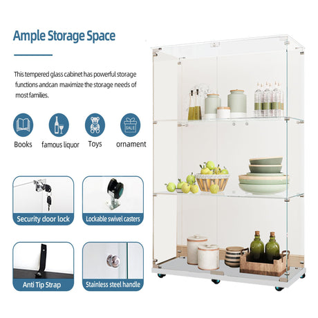 49.73" Tall Glass Display Cabinet with LED Lights&Rolling Wheels, Curio Glass Cabinet with 3 Shelves with 2 Door, Quick-Install Style Floor Standing Bookshelf File Cabinet for Home Office Kootlena