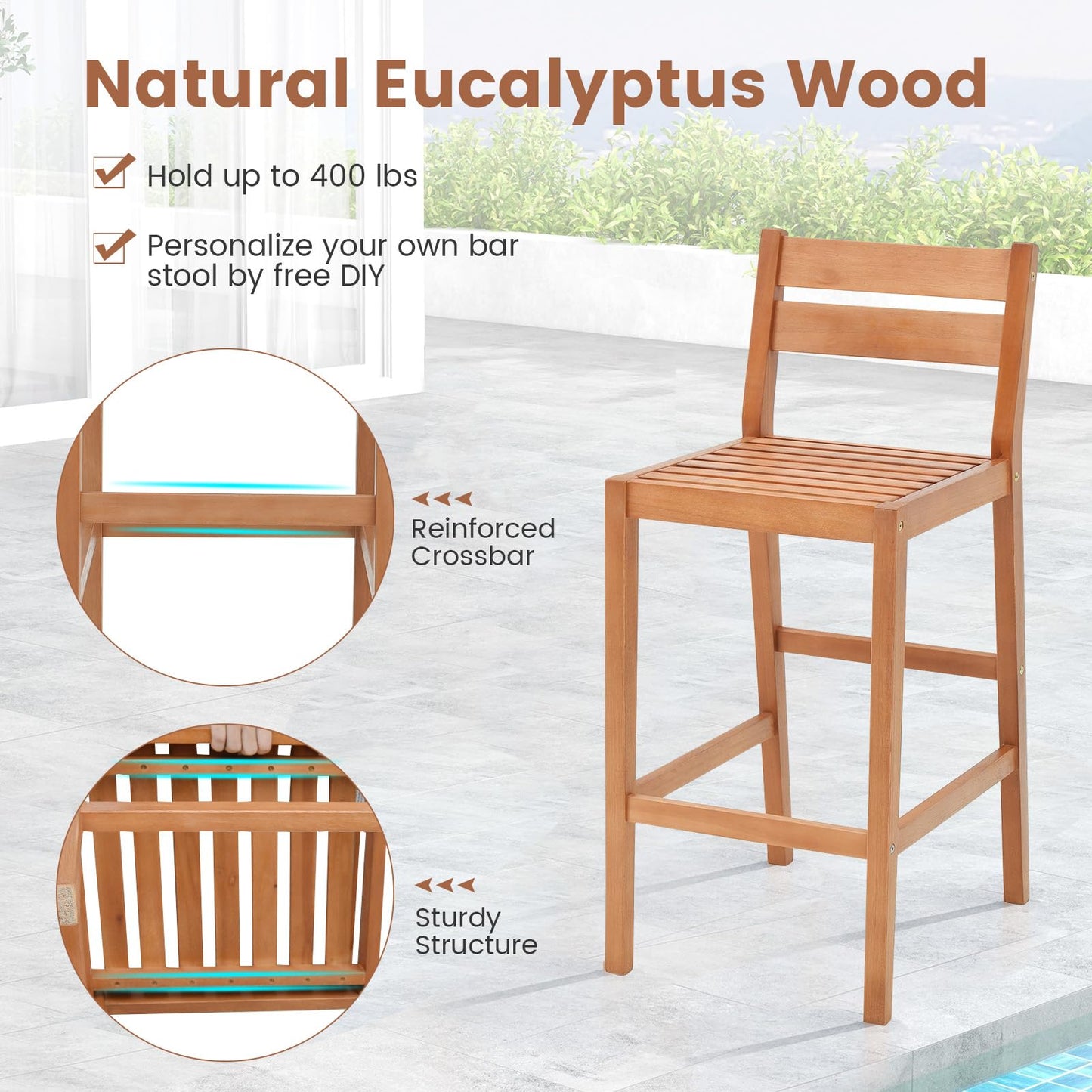 Tangkula Natural Eucalyptus Wood 3-Piece Outdoor Bar Set with Cushions