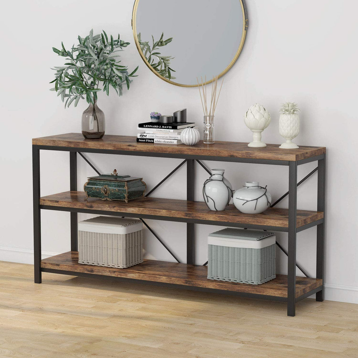 55 Inches Long Sofa Table with Storage Shelves, 3 Tiers Industrial Rustic Console Table with Open Shelves, Three Decorative Shelf, Open TV Shelf for Living Room, Hallway, Book Tribesigns