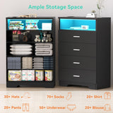 FJTJBSI Dresser with Power Outlets and LED Lights Wooden 4 Drawer Dresser with Large Organizer Tall Black Dresser for Bedroom Chest of Drawers Closet Modern Dresser for Living Room Kids Room FJTJBSI