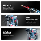 DongCheng 20V Max Brushless Rotary Hammer Drill Kit,4.0Ah Battery & Charger,7/8" SDS-Plus,2.1J Impact Energy, Cordless Demolition drill for Concrete1400RPM, 4 Application Modes,360° Adjustable Handle Dong Cheng