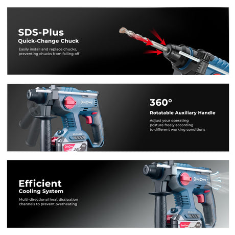 DongCheng 20V Max Brushless Rotary Hammer Drill Kit,4.0Ah Battery & Charger,7/8" SDS-Plus,2.1J Impact Energy, Cordless Demolition drill for Concrete1400RPM, 4 Application Modes,360° Adjustable Handle Dong Cheng