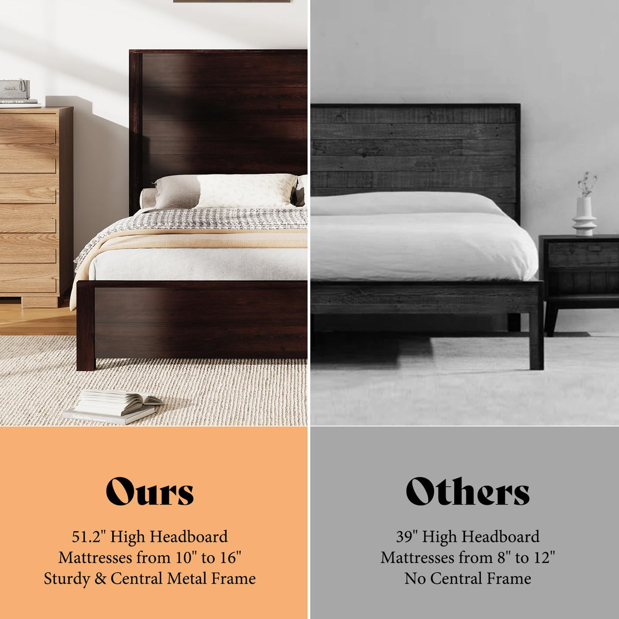 amerlife King Size 51.2" Wood Bed Frame, Rustic Platform Bed with Spliced Headboard, Wood Slats Support/Noiseless/Dark Brown/No Box Spring Needed amerlife