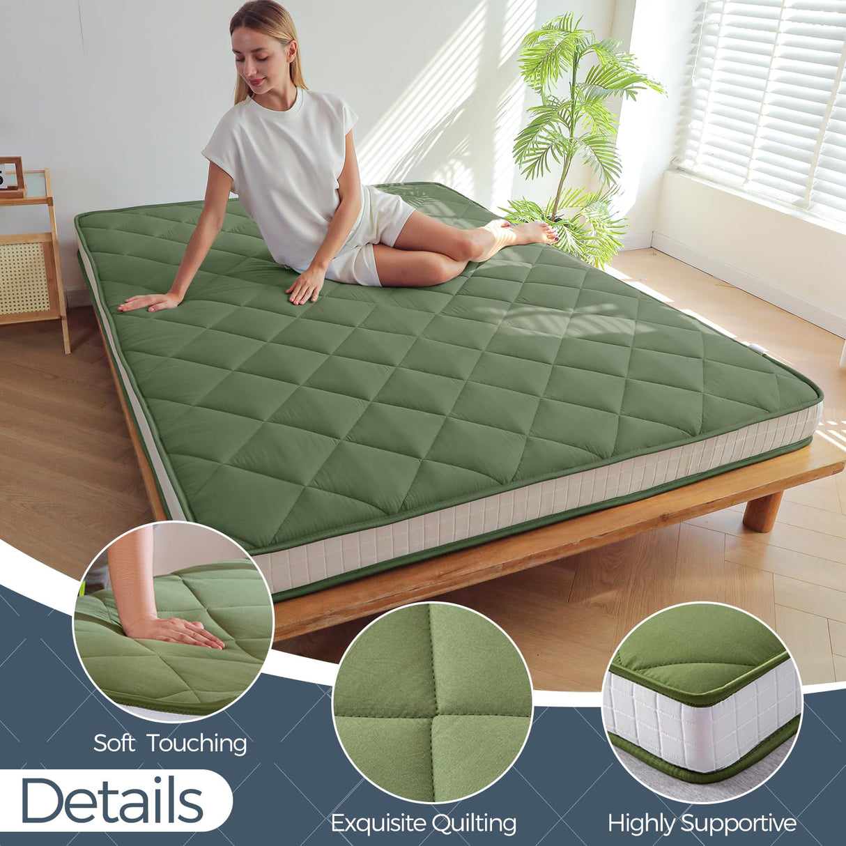 MAXYOYO 6" Extra Thick Futon Mattress Floor Mattress, Queen Size Diamond Pattern Mattress Pad Tatami Pad Japanese Floor Mattress for Adults Floor Bed Roll Up Mattress Guest Mattress, Green MAXYOYO