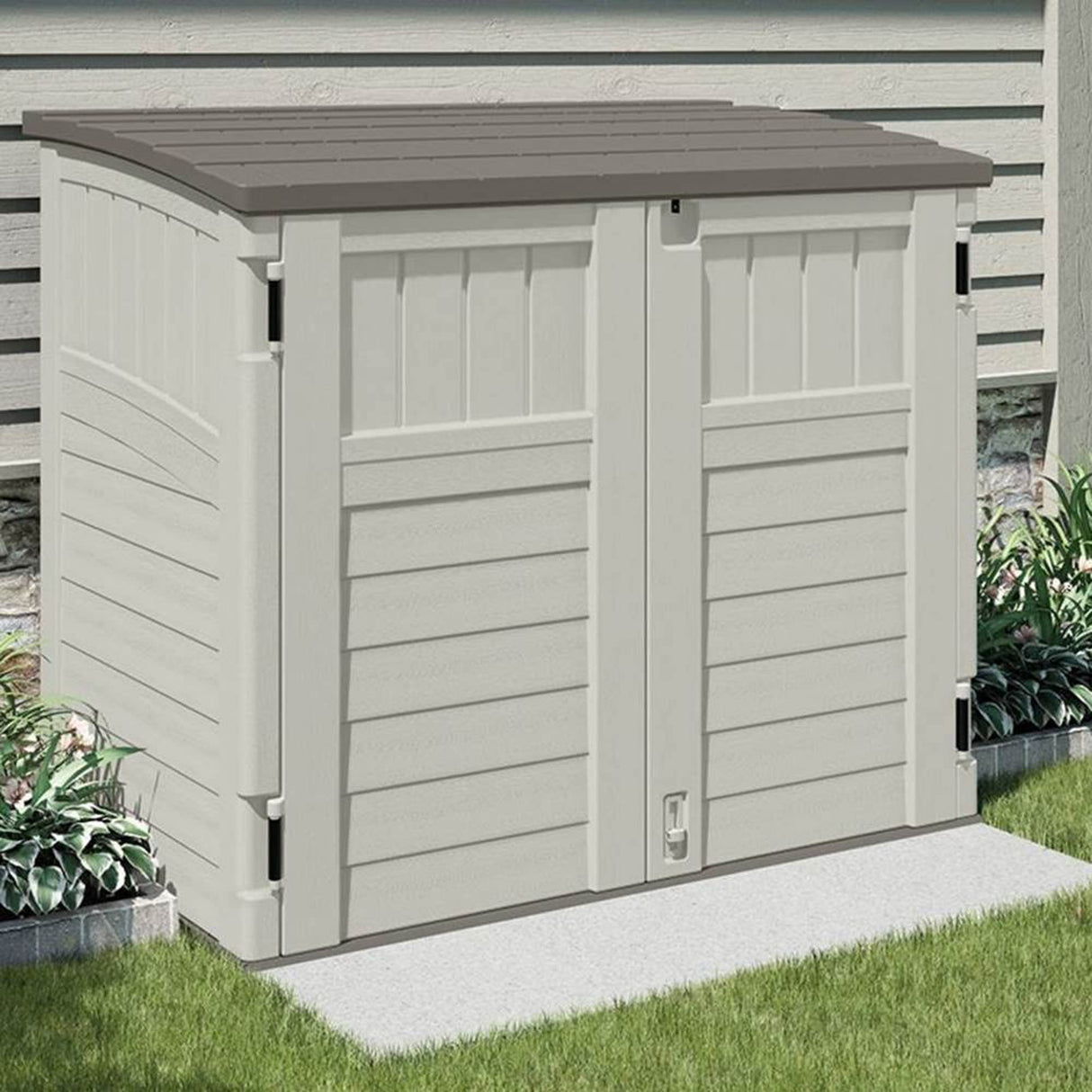 Suncast 2 Pack 34 Cu Ft Capacity Horizontal Outdoor Storage Shed for Garbage Cans, Garden Accessories, Backyard, and Patio Use, Vanilla Suncast