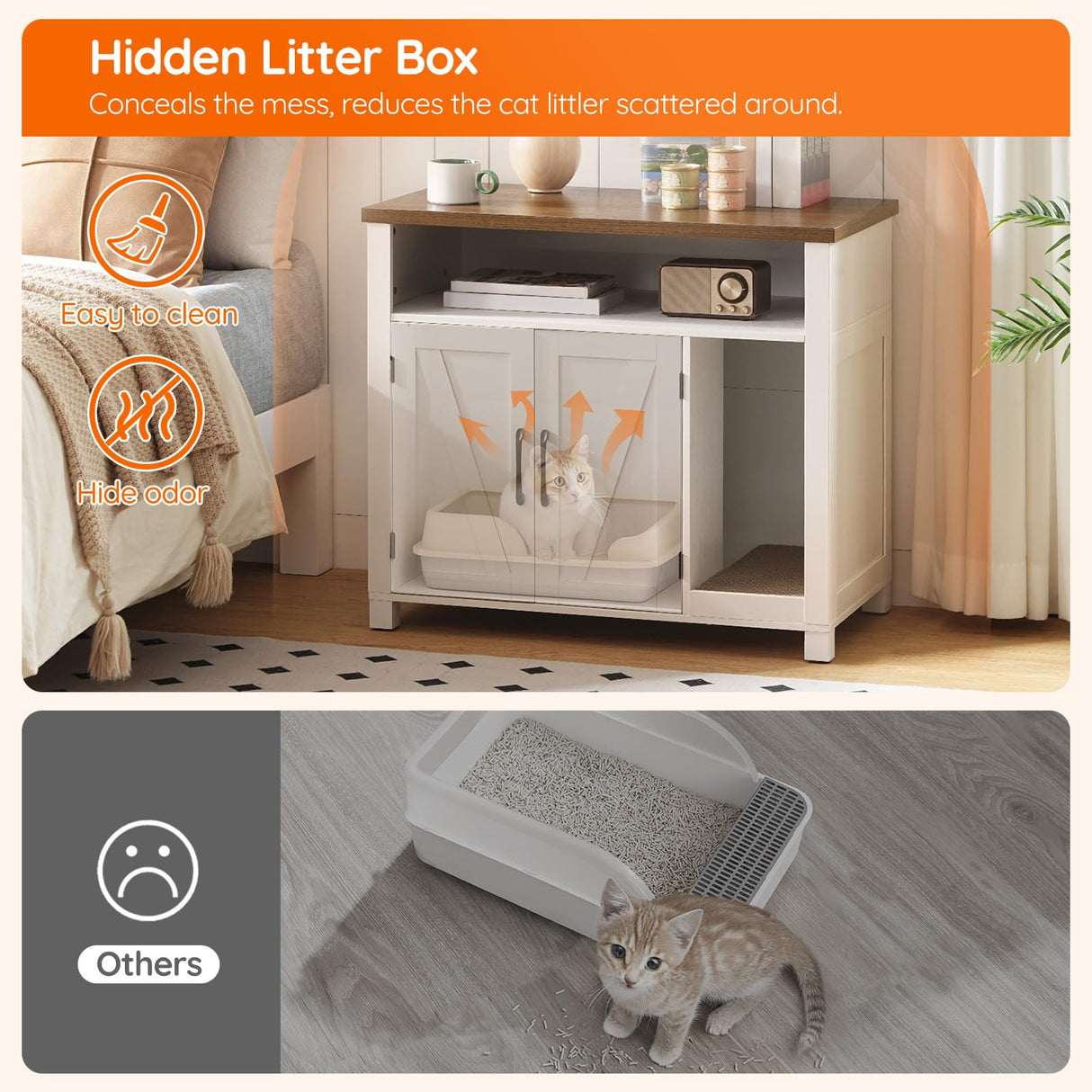 HOOBRO Cat Litter Box Enclosure, Farmhouse Wooden Cat Furniture with Scratch Pad, Storage Layer, Litter Box Furniture, End Side Table,White and Walnut, WH24MW01 HOOBRO