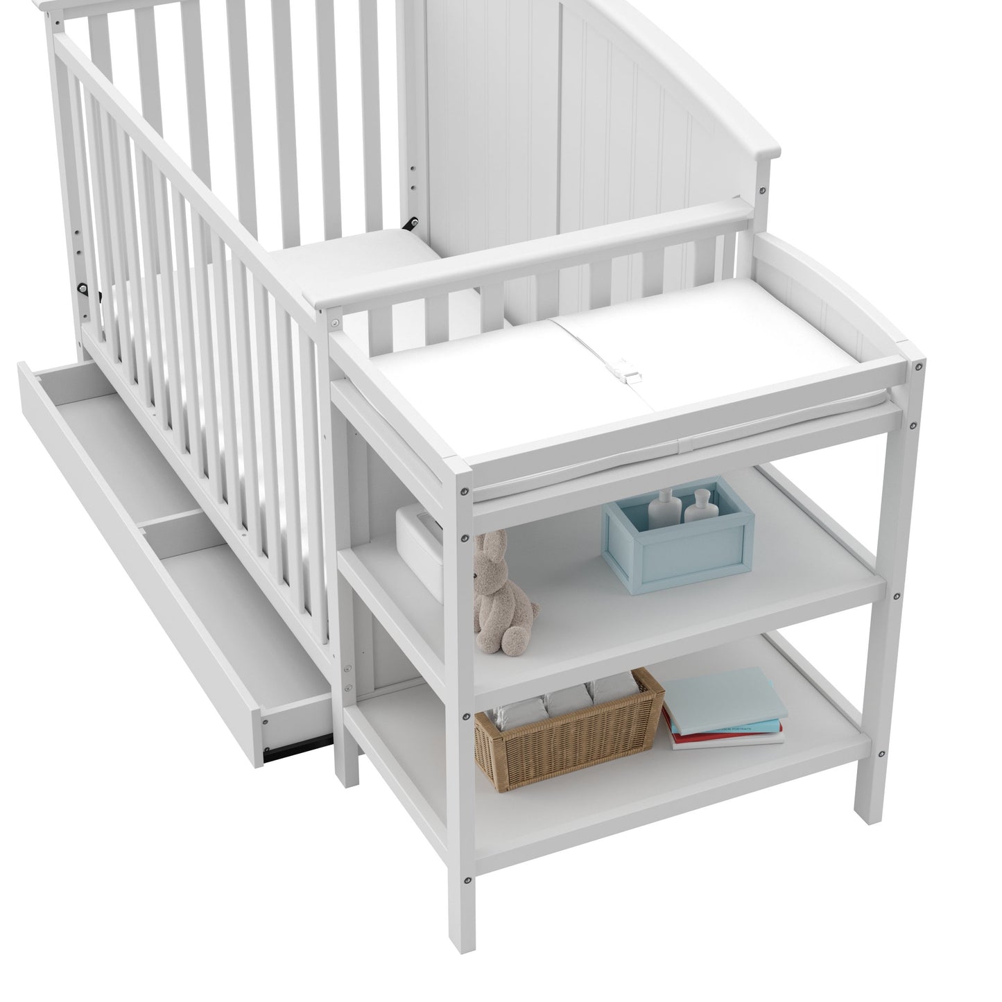 Storkcraft Steveston 5-in-1 Convertible Crib and Changer with Drawer (White) – GREENGUARD Gold Certified, Crib and Changing Table Combo with Drawer, Converts to Toddler Bed, Daybed and Full-S - WoodArtSupply