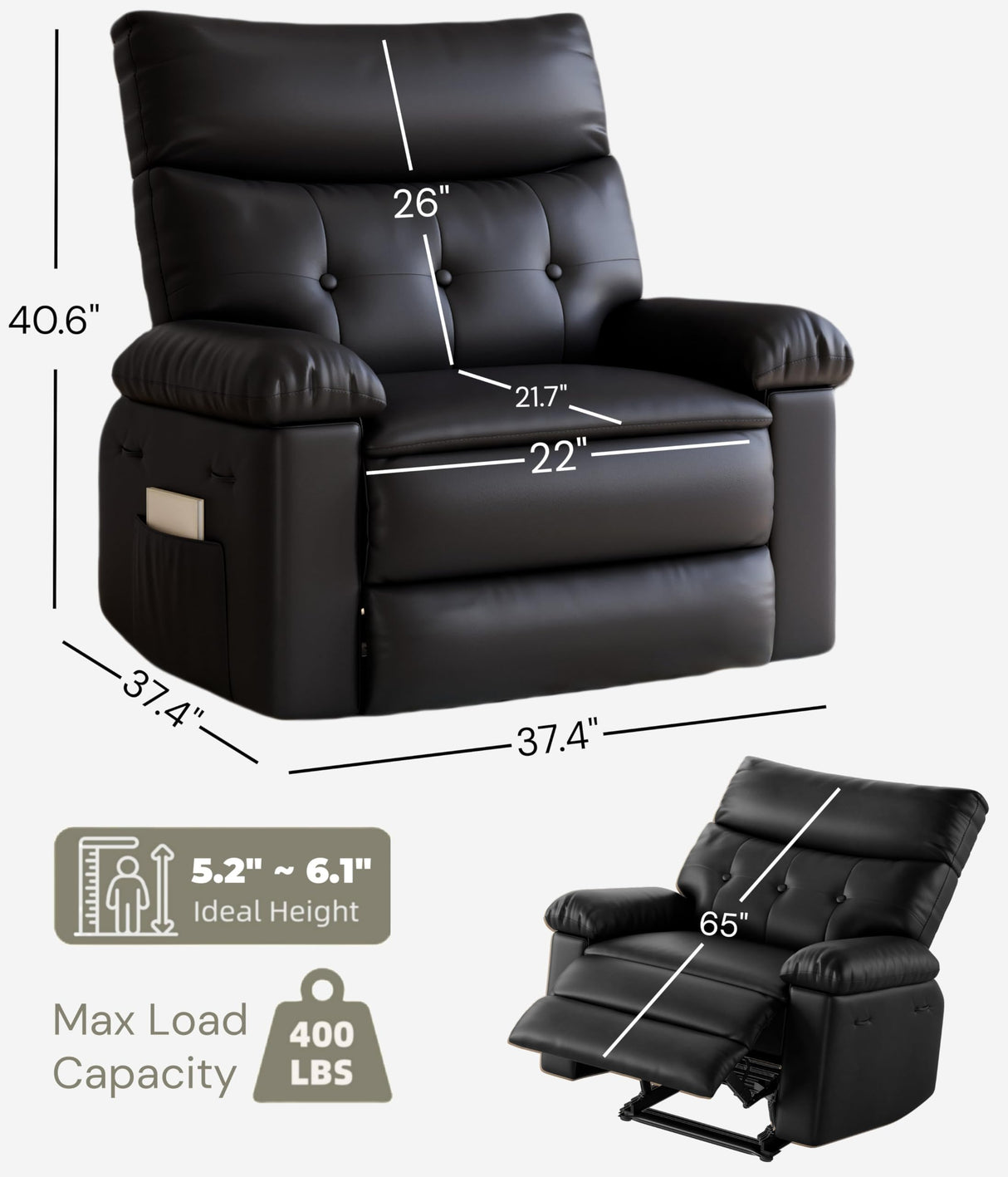 GarveeHome Recliner Chair - PU Leather Recliner for Adults, Manual Lazy Recliner Chair with Overstuffed Comfort Arm and Back for Living Room, Bedroom GarveeHome