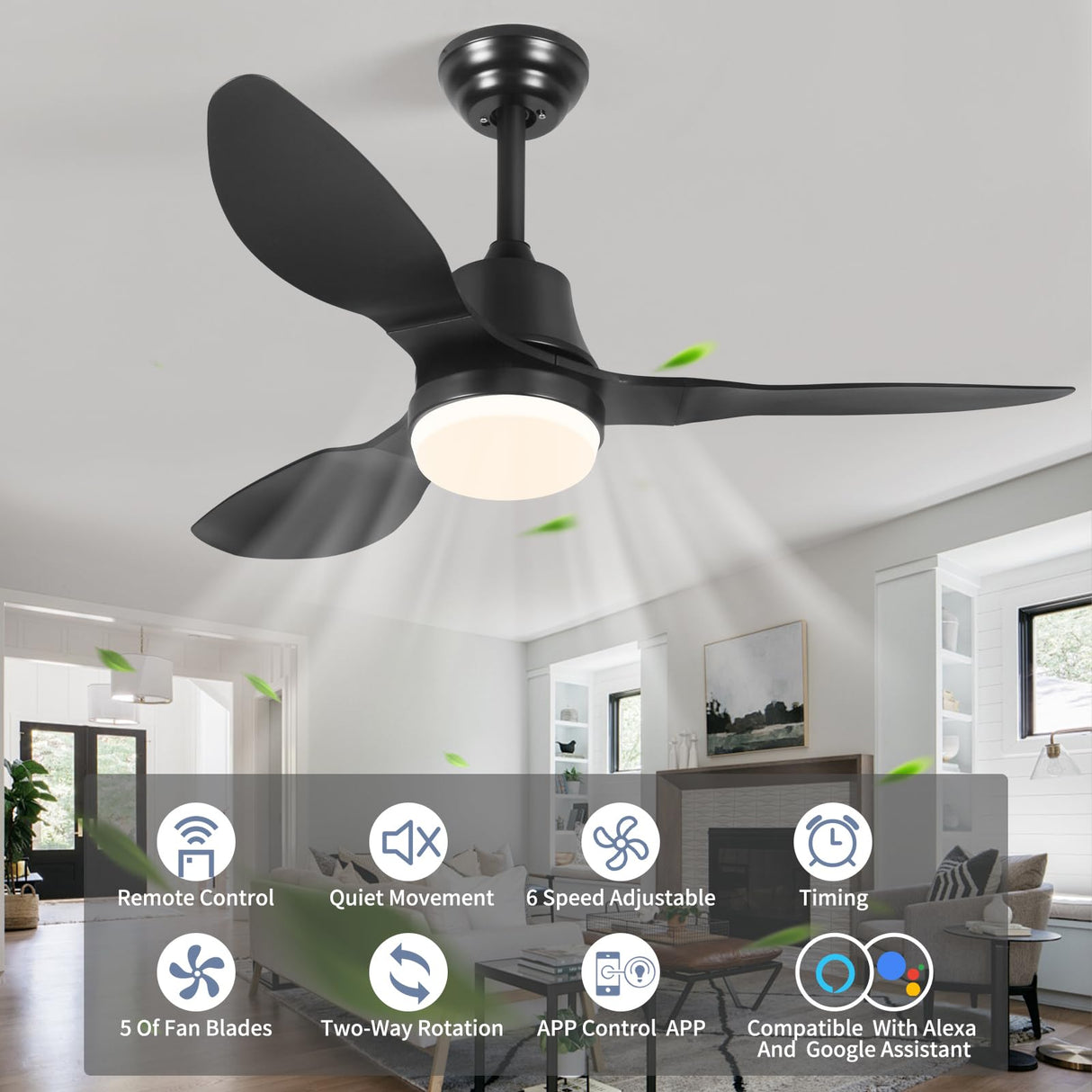42 Inch Smart Ceiling Fans with Lights Remote LED Dimmable,Outdoor Indoor Modern Ceiling Fan Controlled by WiFi Alexa App,FCC Quiet DC Motor,3 Black Blades for Bedroom Living Room Patio Porch LINJO