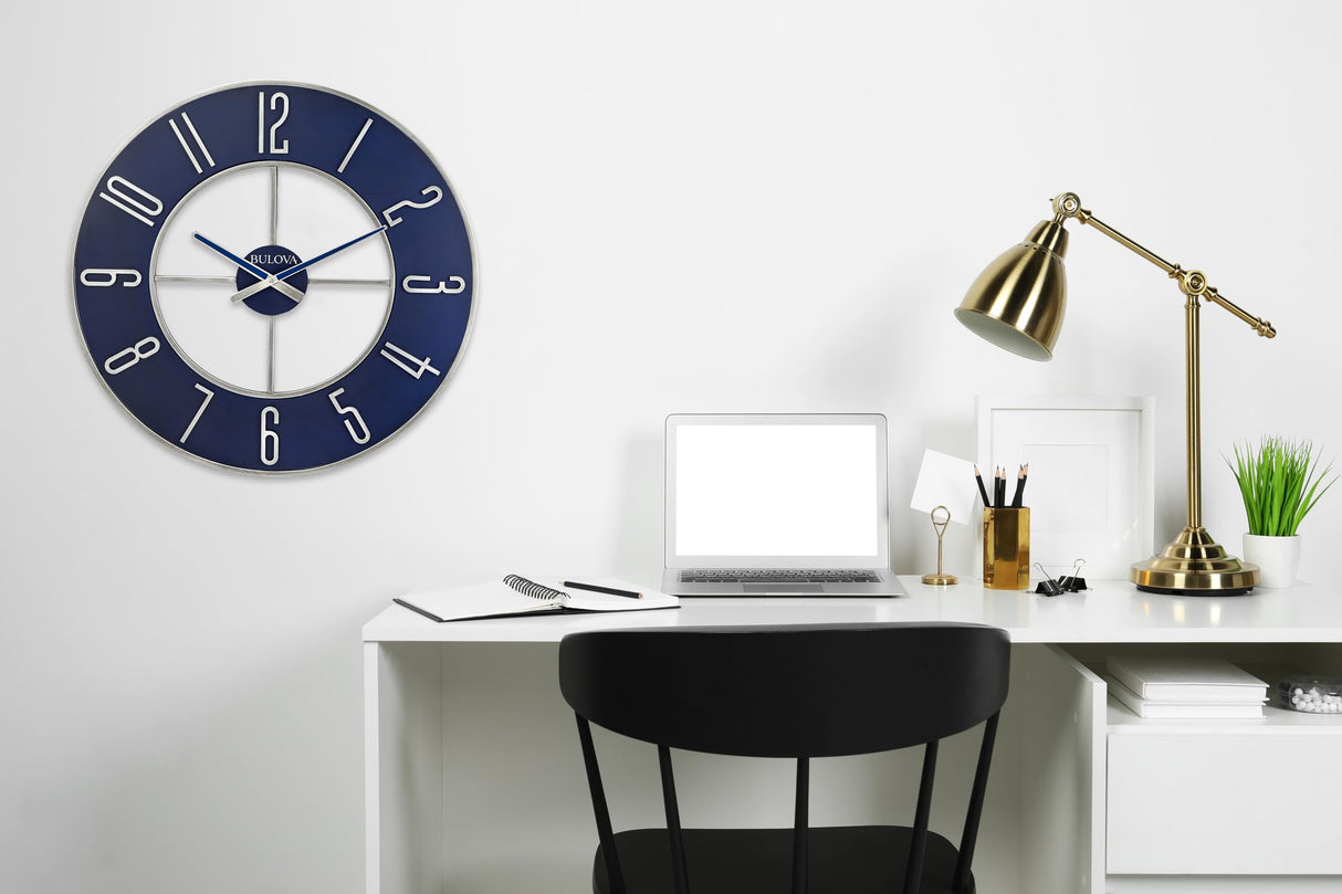 Bulova Steel Oversize Wall Clock, 27", Silver and Blue Bulova