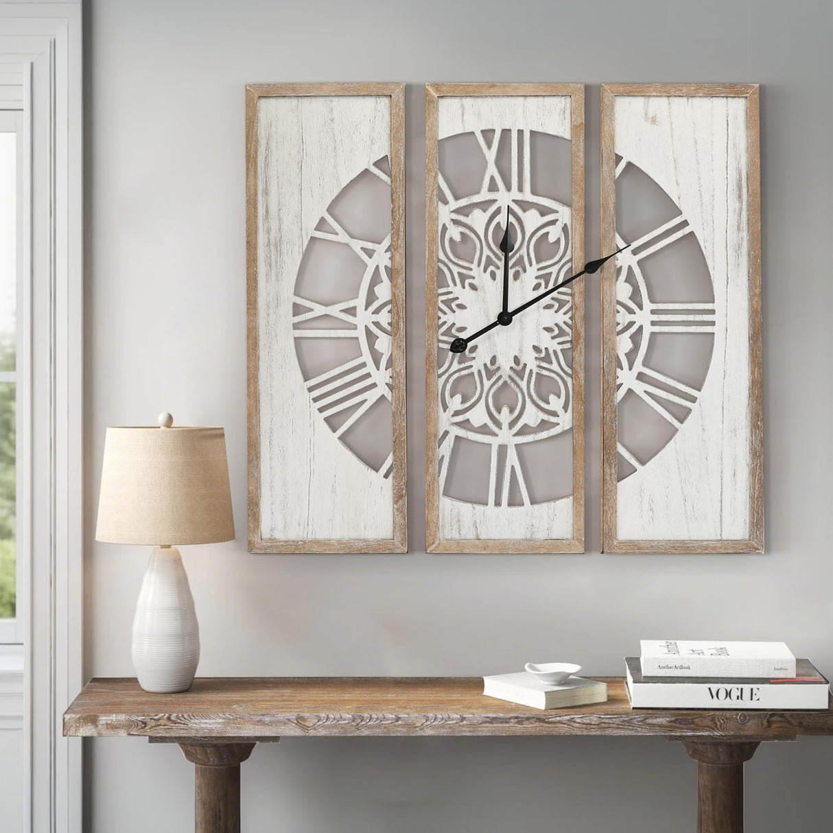RiteSune Rustic 30" Wall Clocks for Living Room Decor, Oversized Farmhouse Wall Clock Battery Operated, Triptych Panel Wooden Large Clock Wall Art for Bedroom Entryway RiteSune