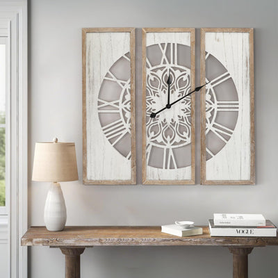 RiteSune Rustic 30" Wall Clocks for Living Room Decor, Oversized Farmhouse Wall Clock Battery Operated, Triptych Panel Wooden Large Clock Wall Art for Bedroom Entryway