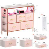 YILQQPER Dresser for Bedroom TV Stand with Power Outlets and LED Light, 6 Drawers Dresser with Side Pockets & Hooks, Wide Dresser with Shelves for 45" TV, Fabric Chest of Drawers with PU Finish, Pink YILQQPER