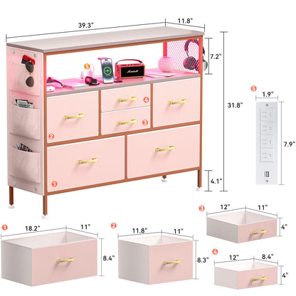 YILQQPER Dresser for Bedroom TV Stand with Power Outlets and LED Light, 6 Drawers Dresser with Side Pockets & Hooks, Wide Dresser with Shelves for 45" TV, Fabric Chest of Drawers with PU Finish, Pink