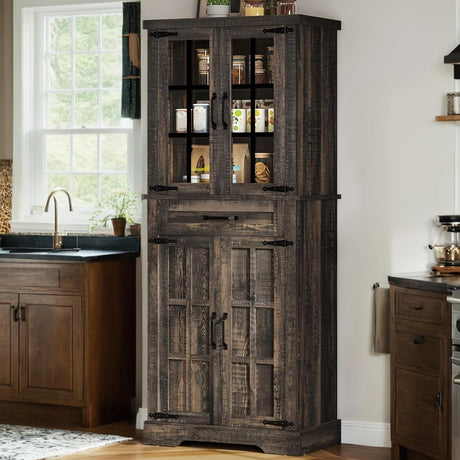 DWVO Farmhouse Kitchen Pantry Cabinet, 71" Tall Storage Cabinet with Adjustable Shelves & Glass Doors, Freestanding Kitchen Cupboard for Dining Room, Living Room, Dark Brown Oak DWVO