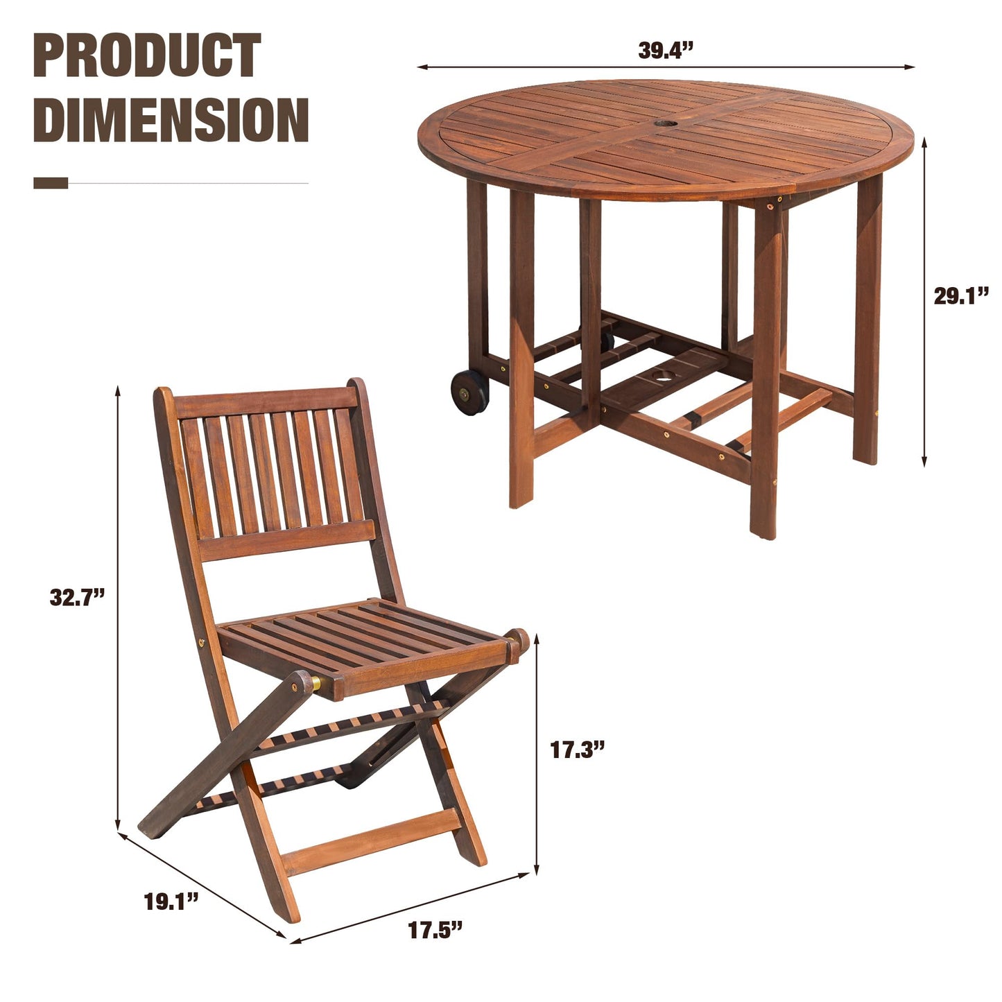 Devoko 5 PCS Patio Furniture, Patio Dining Set Acacia Wood Outdoor Table and Chairs, with 4 Folding Chairs and 37" Round Movable Table, Outdoor Dining Set for Lawn, Balcony, Garden