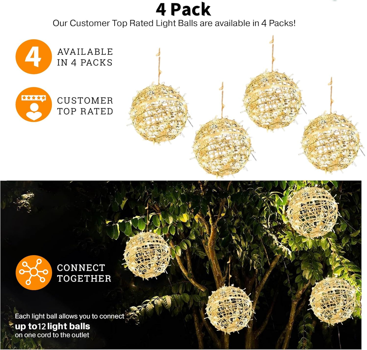 Outdoor Christmas Balls Lights 4 Pack Hanging 7.9" LED Garden Sphere Tree Lights 8 Modes Waterproof Glow Globe Lights with Memory Timer Plug for Party Yard Porch Eave Patio Xmas Decoration-Warm White