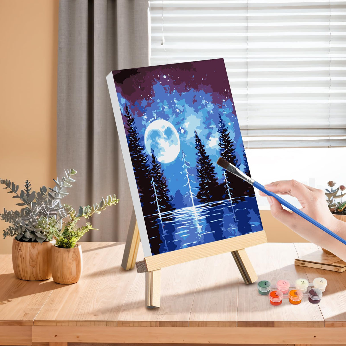 4 Pack Paint by Numbers Kits for Adults Beginners Framed Canvas, Adult Paint by Number Kit with Easel, Moon Mountain Landscapes Painting by Numbers for Beginners, Arts and Crafts for Decor 8x12inch Genius maker