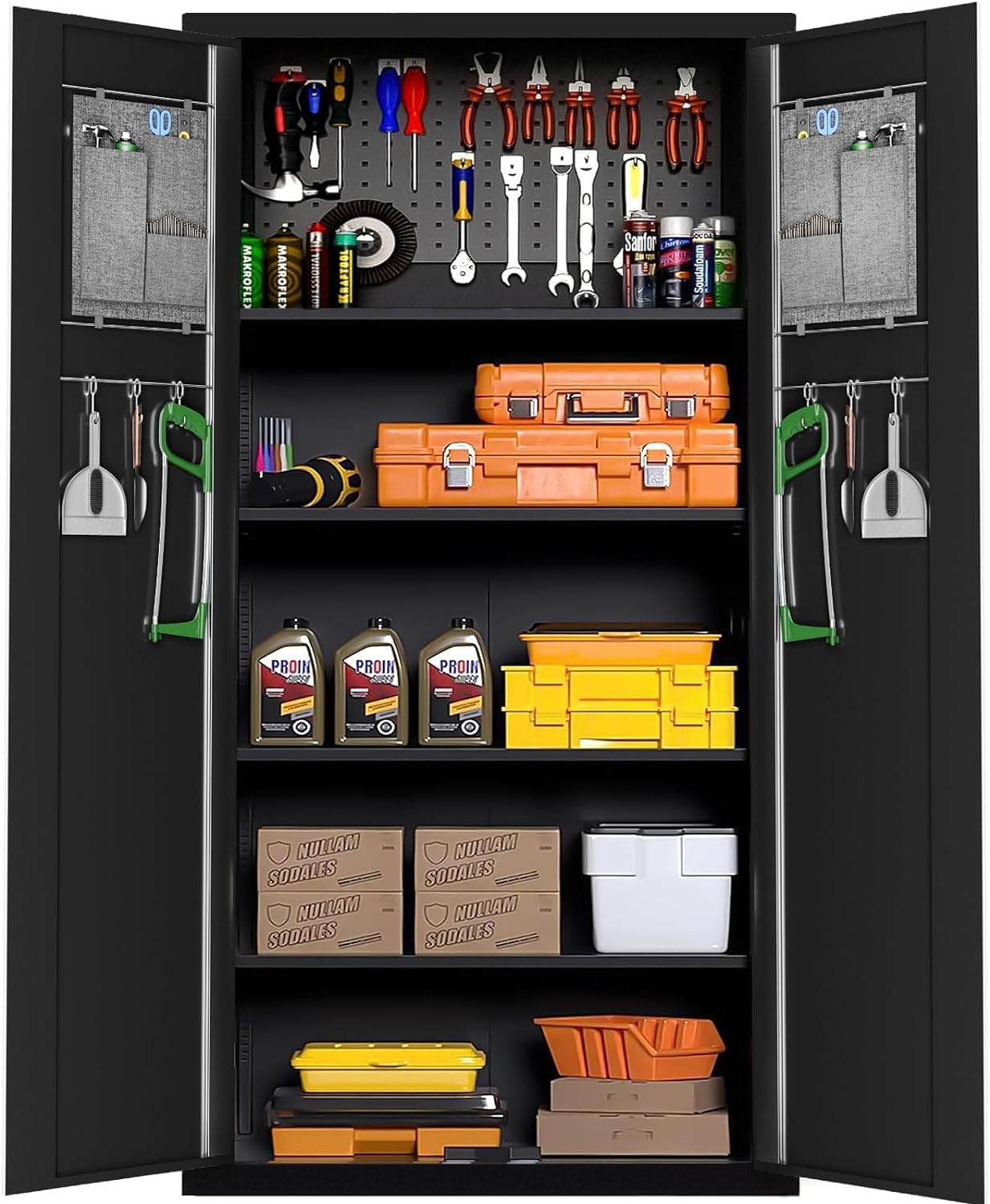 INTERGREAT 5-Tier Tall Cabinet with Locking Door, Tall Muti-Functional Lockable Storage Cabinet with Lock and Pegboard, Utility Tool Cabinets with 4 Adjustable Shelves(Black) - WoodArtSupply