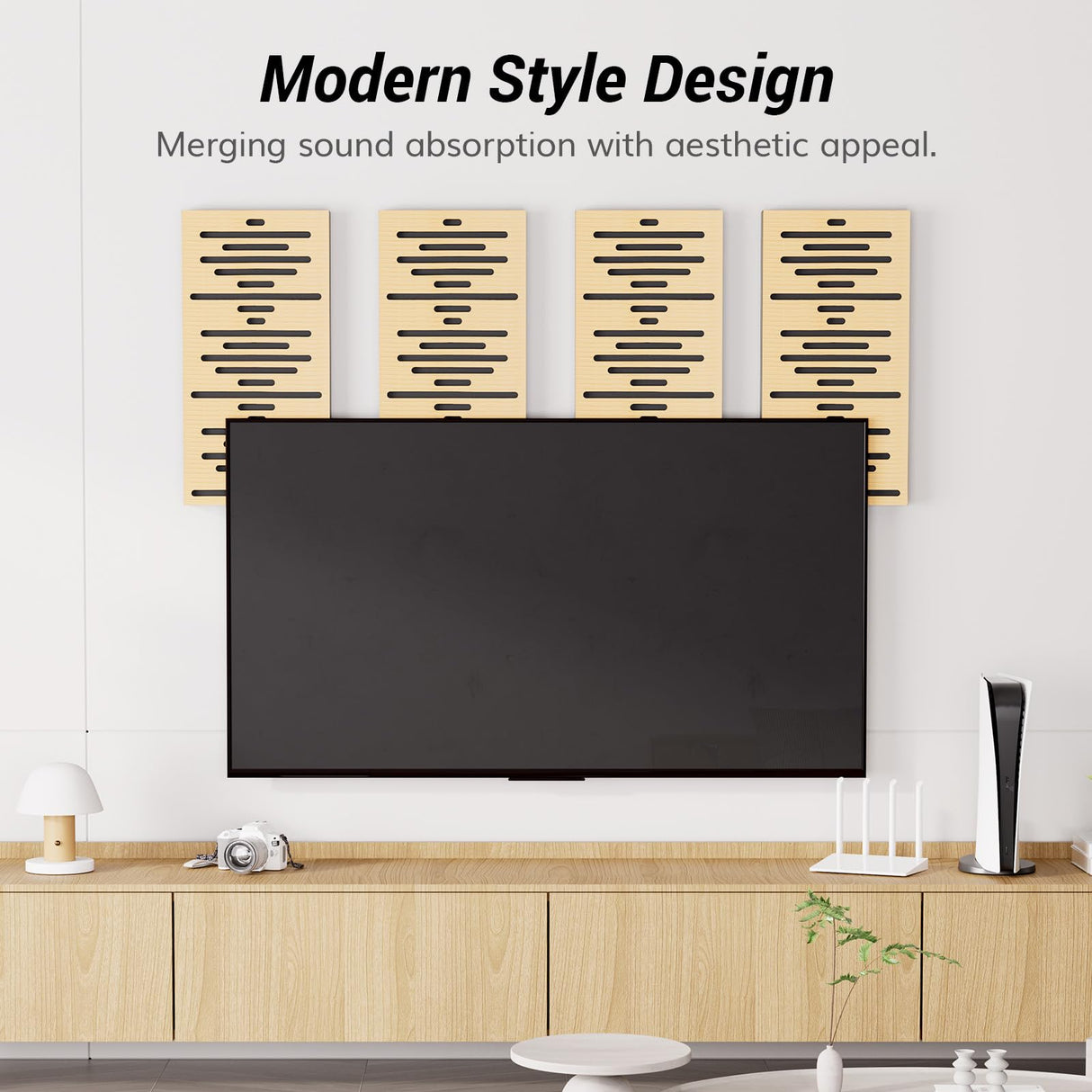 TONOR 4-Pack Acoustic Wood Wall Panels, 23.6” * 11.8” * 1.9” 3D Self-adhesive Wall Panel, Three-layer Soundproof Tiles for Echo Absorbtion, Acoustical Barrier of Polyester Fiber, wood, Burly Wood TONOR