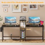 Furologee Double Desk with Power Outlets, 71 Inch Computer Desk with Storage Bag and Headphone Hooks, Gaming Desk Study Writing Table for Home Office, Black Furologee
