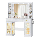 Wodeer Makeup Vanity Desk with Mirror and Lights, White Vanity with Glass Top, LED Lights & Power Outlet, 3 Drawers & 2 RGB Glass Cabinets, Adjustable Lighted Dressing Table for Women & Girls Bedroom Wodeer