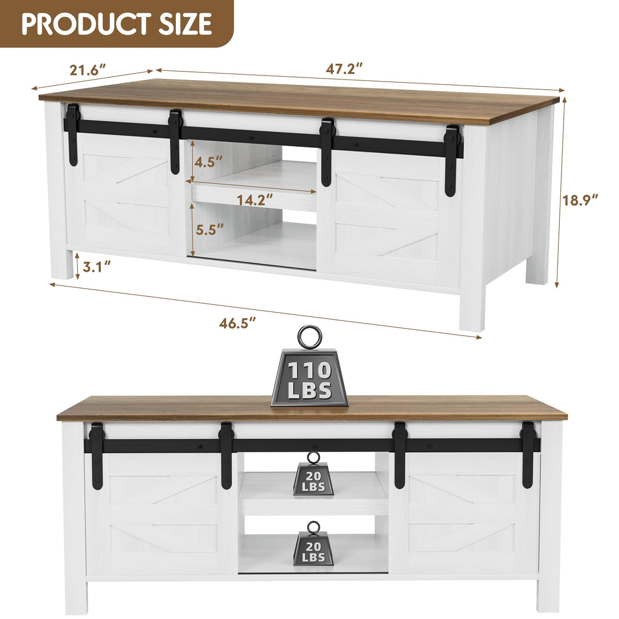 JUMMICO Farmhouse Coffee Table with Storage & Sliding Barn Doors, Modern Rustic Living Room Table with Adjustable Shelves, Wooden Rustic Center Table for Living Room (Antique White) JUMMICO