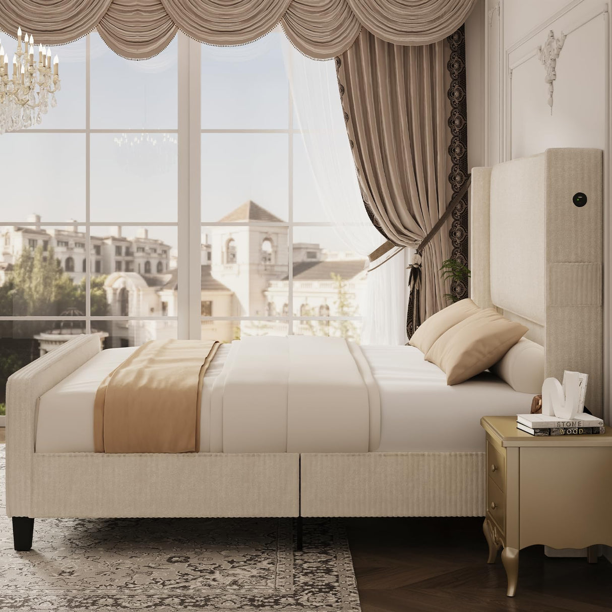 VINTLJUS King Size Bed Frame and Headboard, Upholstered King Bed Frame with Tall Wingback Headboard & Footboard, USB Ports, Easy Assembly, Beige VINTLJUS